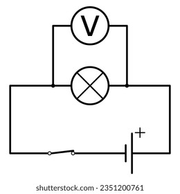 Schematic connection of a voltmeter in an electric circuit with a light bulb