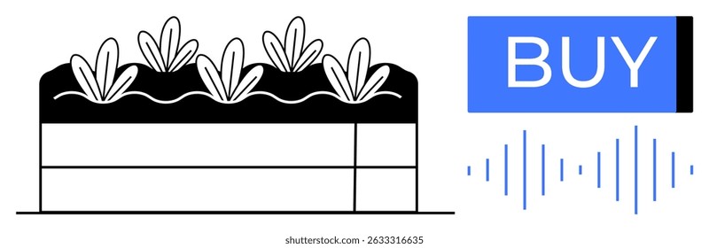 Esquema do campo de cultura com camadas de solo e plantas ao lado de um botão BUY ativado por voz azul com ondas sonoras. Ideal para tecnologia agrícola, comércio eletrônico, agricultura inteligente, IoT, aplicações de IA