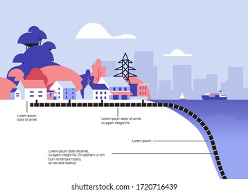 schematic cross section underwater subsea optic fibre cable connection information transfer technology urban landscape internet telecommunications infographic horizontal vector illustration