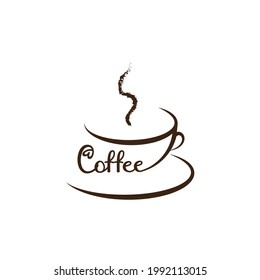 Schematic cup of coffee with an inscription, icon.