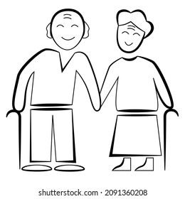 Schematic depiction of an elderly married couple isolated by a white background.