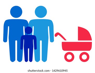 A schematic depiction of a family couple of gay men with children, icon