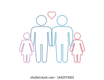 A schematic depiction of a family couple of gay men with children, icon