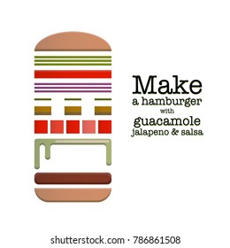 Schematic depiction of ingredients for a hamburger. Vector illustration. Hamburger and sandwich menu. Abstract geometric composition.
