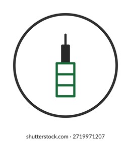 A schematic design displays a green and black component encased within a circle. The illustration represents an electrical element or connection, perhaps a sensor or adapter. The visual style