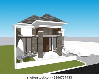 diseño esquemático de la fachada de una casa residencial con un concepto minimalista tropical