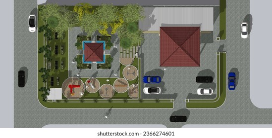 Schematic design of the top view of the green park which has a pavilion building, gazebo and there is also a playground for children