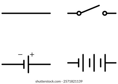 Schematic designations used in electrical engineering - wire, switch, electric cell, battery of electric cells