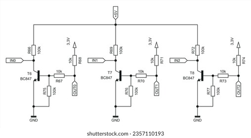 Schematic diagram of analog electronic device.  Vector drawing electrical circuit with 
 resistor and transistor.