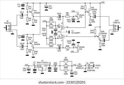 Diagrama esquemático do dispositivo eletrônico analógico na folha de papel.
Circuito elétrico de desenho vetorial com 
interruptor, condensador, resistor, transístor,
conector, outros componentes.