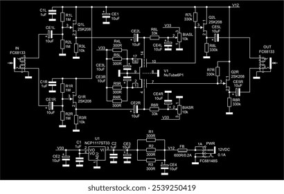 Schematic diagram of analog electronic device on paper sheet.
Vector drawing electrical circuit with 
switch, capacitor, resistor, transistor,
connector, other components.