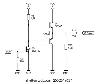 Diagrama esquemático del dispositivo electrónico analógico 
en papel. Circuito eléctrico de extracción de Vector con 
 transistor, resistencia, GND, otros componentes.