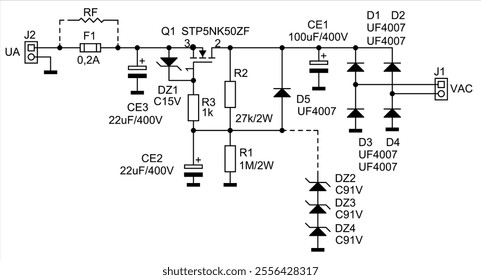 Schematic diagram of analog electronic device 
on white paper sheet. Vector drawing electrical circuit with 
capacitor, resistor, transistor, diode, fuse,
other components.