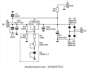 Schematic diagram of analog electronic device 
on white paper sheet. Vector drawing electrical circuit with 
capacitor, resistor, diode, voltage stabilizer, connector,
other components.