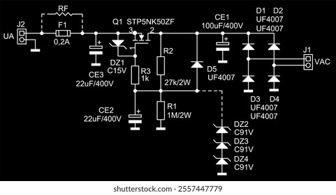 Schematic diagram of analog electronic device 
on paper sheet. Vector drawing electrical circuit with 
capacitor, resistor, transistor, diode, fuse,
other components.