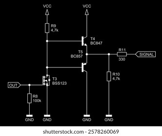 Schematic diagram of analog electronic device 
on paper sheet. Vector drawing electrical circuit with 
 transistor, resistor, gnd, other components.