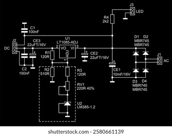 Schematic diagram of analog electronic device 
on paper sheet. Vector technic drawing electrical circuit with 
capacitor, resistor, diode, voltage stabilizer, connector,
other components.