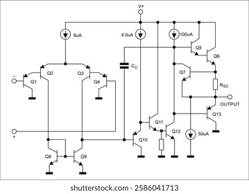 Schematic diagram of analog electronic device 
on white paper sheet. Vector drawing electrical circuit with 
transistor, capacitor, resistor, other components.