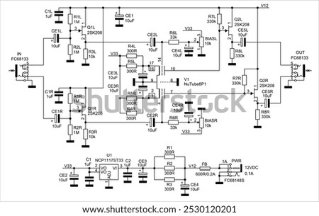 Schematic diagram of analog electronic device on paper sheet.
Vector drawing electrical circuit with 
switch, capacitor, resistor, transistor,
connector, other components.