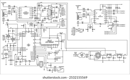 Schematic diagram of digital electronic device on paper sheet. Vector drawing electrical circuit with antenna,
operational amplifier, integrated circuit, microcontroller,
capacitor, resistor, display.