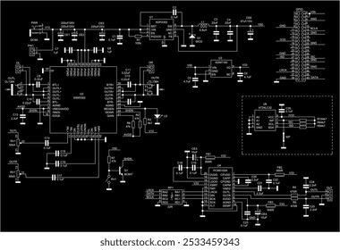 Schematic diagram of digital electronic device 
on paper sheet.
Vector drawing electrical circuit with 
integrated circuit, microcontroller,
capacitor, resistor, transistor,
connector, led, inductance