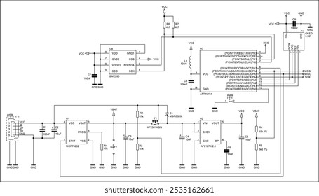 Schematic diagram of digital electronic device on paper sheet. Vector drawing electrical circuit with 
integrated circuit, microcontroller,
capacitor, resistor, transistor,
usb connector, inductance.