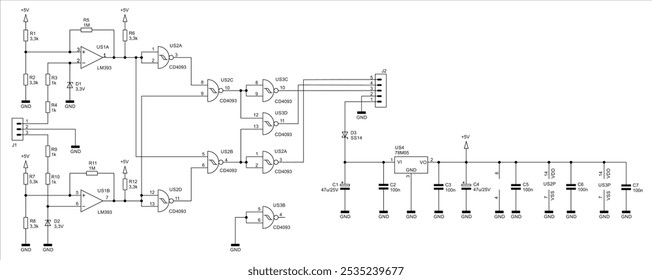 Schematic diagram of digital electronic device 
on paper sheet. Vector drawing electrical circuit with 
integrated circuit, operational amplifier, logic gate,
capacitor, resistor, connector, other.