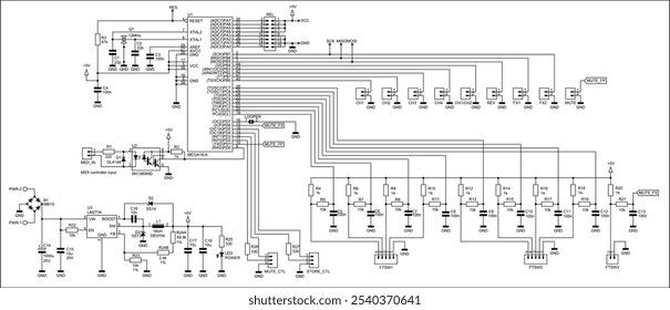 Schematic diagram of digital electronic device on paper sheet. Vector drawing electrical circuit with integrated circuit, led, controller, transistor,
capacitor, resistor, connector, other components.