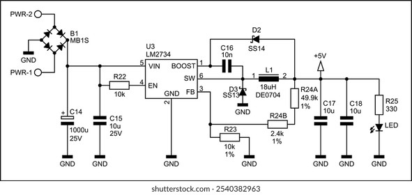 
Schematic diagram of digital electronic device (power unit)
on white paper sheet. Vector drawing electrical circuit with 
integrated circuit, led, controller, fuse, diode,
capacitor, resistor, other 