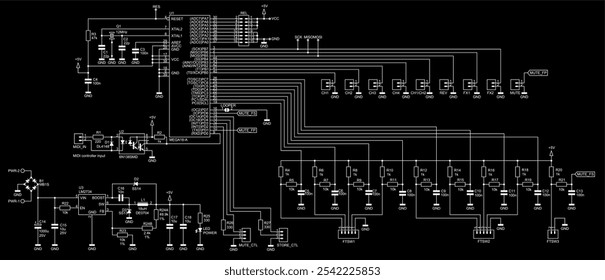 Schematic diagram of digital electronic device on paper sheet. Vector drawing electrical circuit with integrated circuit, led, controller, transistor,
capacitor, resistor, connector, other components.