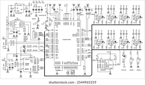 Diagrama esquemático del dispositivo electrónico digital 
en papel. Circuito eléctrico de extracción de Vector con 
circuito integrado, led, controlador,
Condensador, resistencia, conector USB, otros componentes.