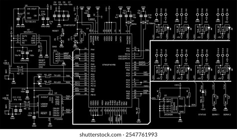 Diagrama esquemático del dispositivo electrónico digital 
en papel. Circuito eléctrico de extracción de Vector con 
circuito integrado, led, controlador,
Condensador, resistencia, conector USB, otros componentes.