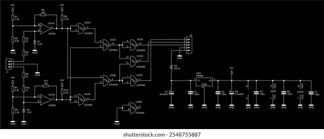 Diagrama esquemático del dispositivo electrónico digital 
en papel. Circuito eléctrico de extracción de Vector con 
circuito integrado, amplificador operativo, puerta lógica,
condensador, resistencia, conector, otro.