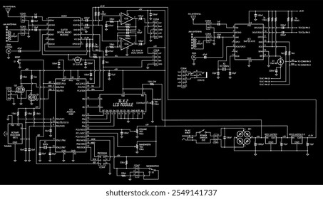 Schematic diagram of digital electronic device 
on paper sheet. Vector drawing electrical circuit with antenna,
operational amplifier, integrated circuit, microcontroller,
capacitor, resistor, display