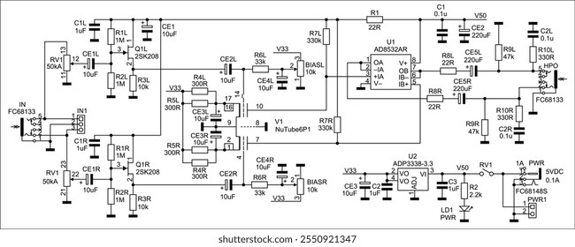 Diagrama esquemático del dispositivo electrónico digital 
en papel. Circuito eléctrico de extracción de Vector con 
circuito integrado, led, 
condensador, resistencia, conector, otros componentes.