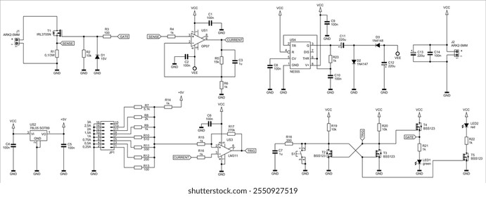 Diagrama esquemático del dispositivo electrónico digital en hoja de papel. Circuito eléctrico de extracción de Vector con 
amplificador operativo, circuito integrado, transistor, led, diodo,
condensador, resistencia, otros.