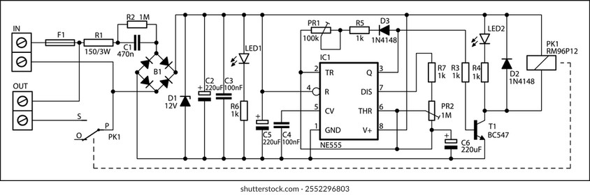 Diagrama esquemático del dispositivo electrónico digital 
en papel. Circuito eléctrico de extracción de Vector con 
circuito integrado, transistor, led, diodo,
condensador, resistencia, conector, otros componentes.