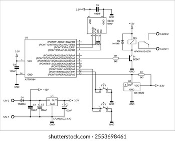 Schematic diagram of digital electronic device 
on paper sheet. Vector drawing electrical circuit with 
led integrated circuit, 
transistor, diode, controller, relay, voltage stabilizer,
capacitor.