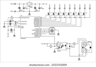 Schematic diagram of digital electronic device 
on paper sheet. Vector drawing electrical circuit with 
integrated circuit, transistor, diode, controller, 
voltage stabilizer, switch,
capacitor, other