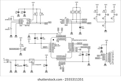 Schematic diagram of digital electronic device on paper sheet. Vector drawing electrical circuit with integrated circuit, controller, button, connector,
voltage stabilizer, capacitor, resistor, other.