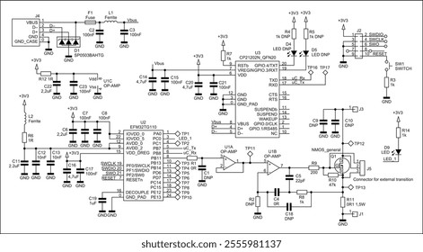 Schematic diagram of digital electronic device on paper sheet. Vector drawing electrical circuit with 
integrated circuit, led, diode, controller,
operational amplifier, inductance coil,
capacitor.