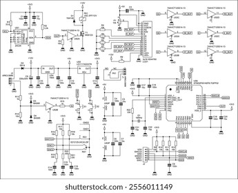 Schematic diagram of digital electronic device 
on paper sheet. Vector drawing electrical circuit with 
integrated circuit, micro controller,
operational amplifier, memory chip,
capacitor, resistor.