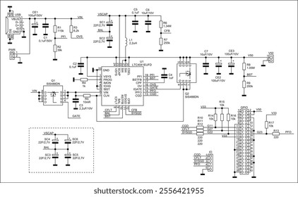 Schematic diagram of digital electronic device 
on paper sheet. Vector drawing electrical circuit with 
integrated circuit, micro controller,
usb connector,
capacitor, resistor, other components.