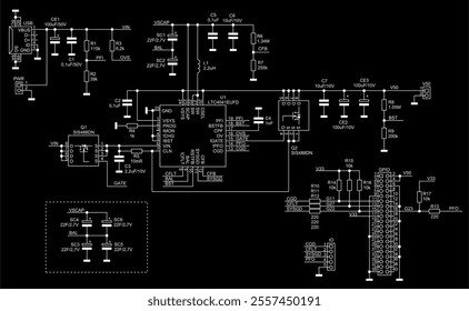 Schematic diagram of digital electronic device 
on paper sheet. Vector drawing electrical circuit with 
integrated circuit, micro controller,
usb connector,
capacitor, resistor, other components.