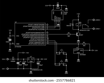 Schematic diagram of digital electronic device 
on paper sheet. Vector drawing electrical circuit with 
led integrated circuit, 
transistor, diode, controller, relay, voltage stabilizer,
capacitor.