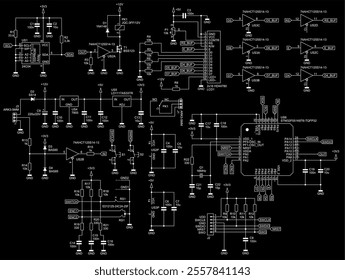 Schematic diagram of digital electronic device 
on paper sheet. Vector drawing electrical circuit with 
integrated circuit, micro controller,
operational amplifier, memory chip,
capacitor, resistor.