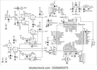 Schematic diagram of digital electronic device 
on paper sheet. Vector drawing electrical circuit with 
integrated circuit, micro controller,
usb connector,
capacitor, resistor, other components.