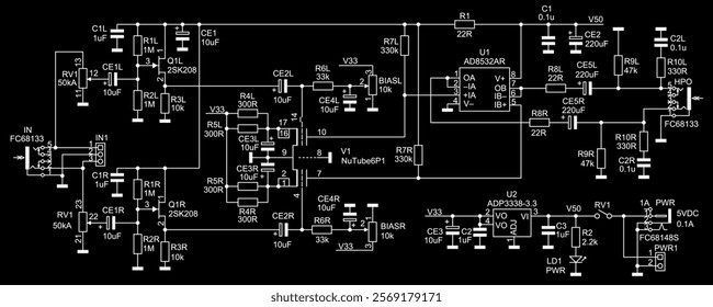 Schematic diagram of digital electronic device 
on paper sheet. Vector computer  technic drawing electrical circuit with 
integrated circuit, led, 
capacitor, resistor, connector, other components.