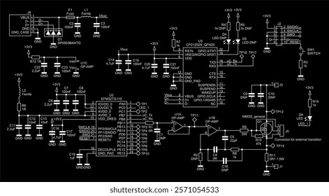 Schematic diagram of digital electronic device on paper sheet. Vector drawing electrical circuit with integrated circuit, led, diode, controller, operational amplifier, inductance coil, capacitor.