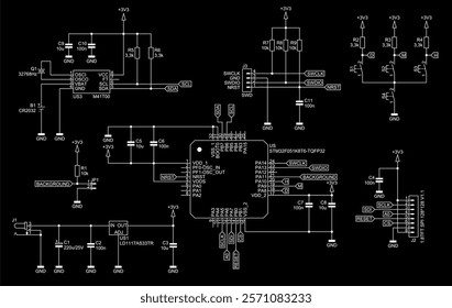 Schematic diagram of digital electronic device on paper sheet. Vector drawing electrical circuit with integrated circuit, controller, button, connector, voltage stabilizer, capacitor, resistor, other.